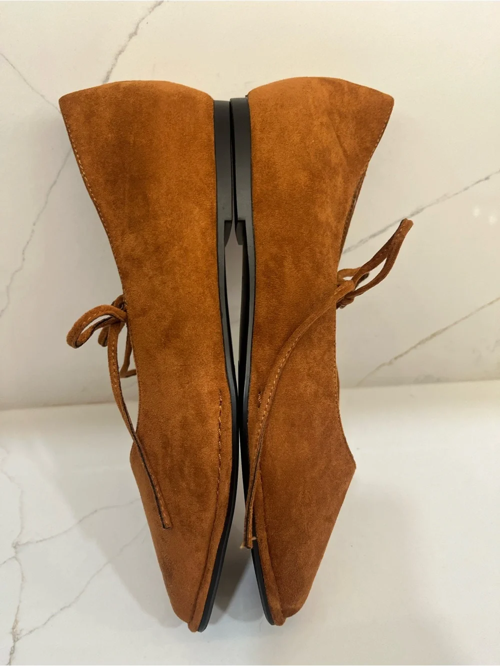 NWOT SUIARA Cognac Suede Square Toe Lace-Up Ballet Flats